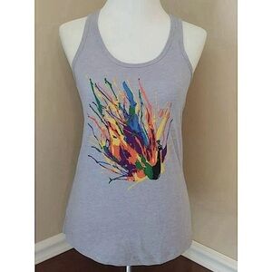 NEW Modcloth Ideal T Gray with Abstract Multicolor Peacock Racerback Tank Top S